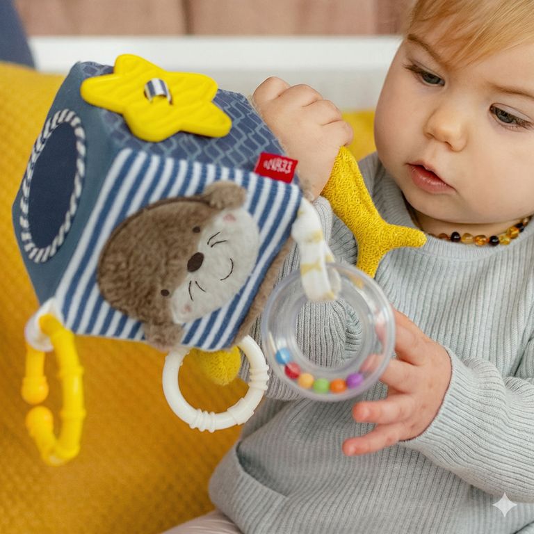 sitzendes baby spielt mit activity würfel otter von fehn