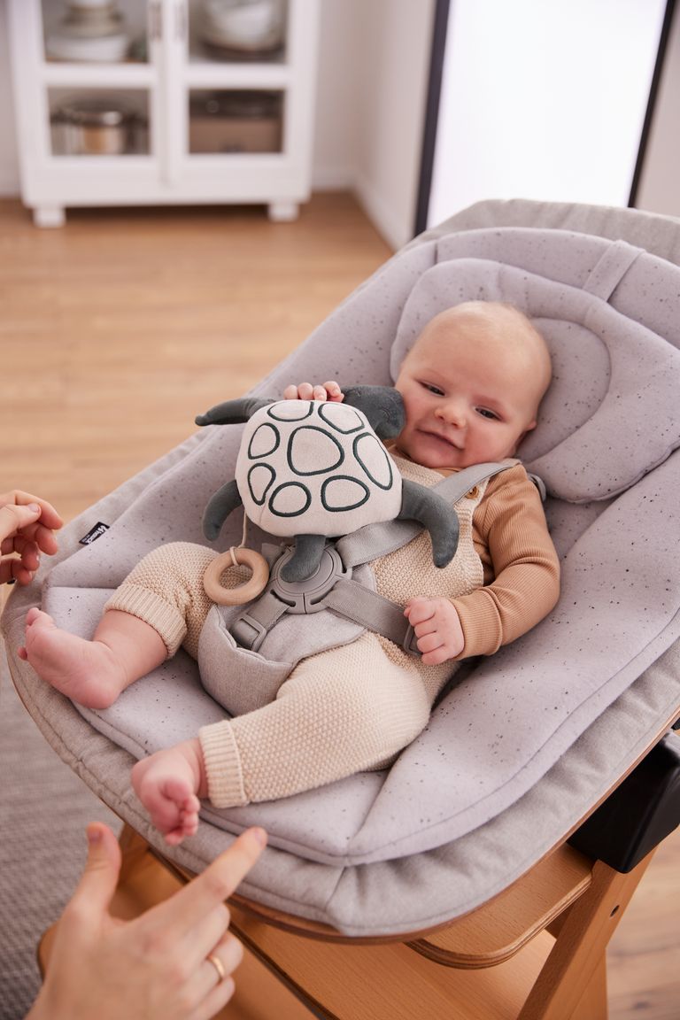 baby im bouncer wippe mit babyspielzeug spieluhr hauck cuddle n sleep schildkröte