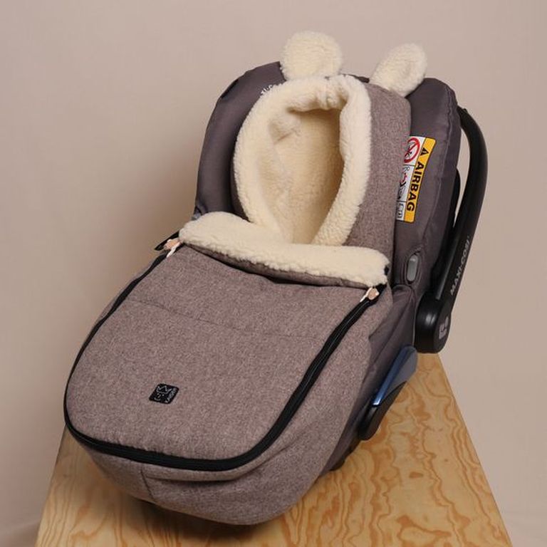 kaiser fleece fußsack hoody maus wool fütterung schafwolle pepper brown in babyschale
